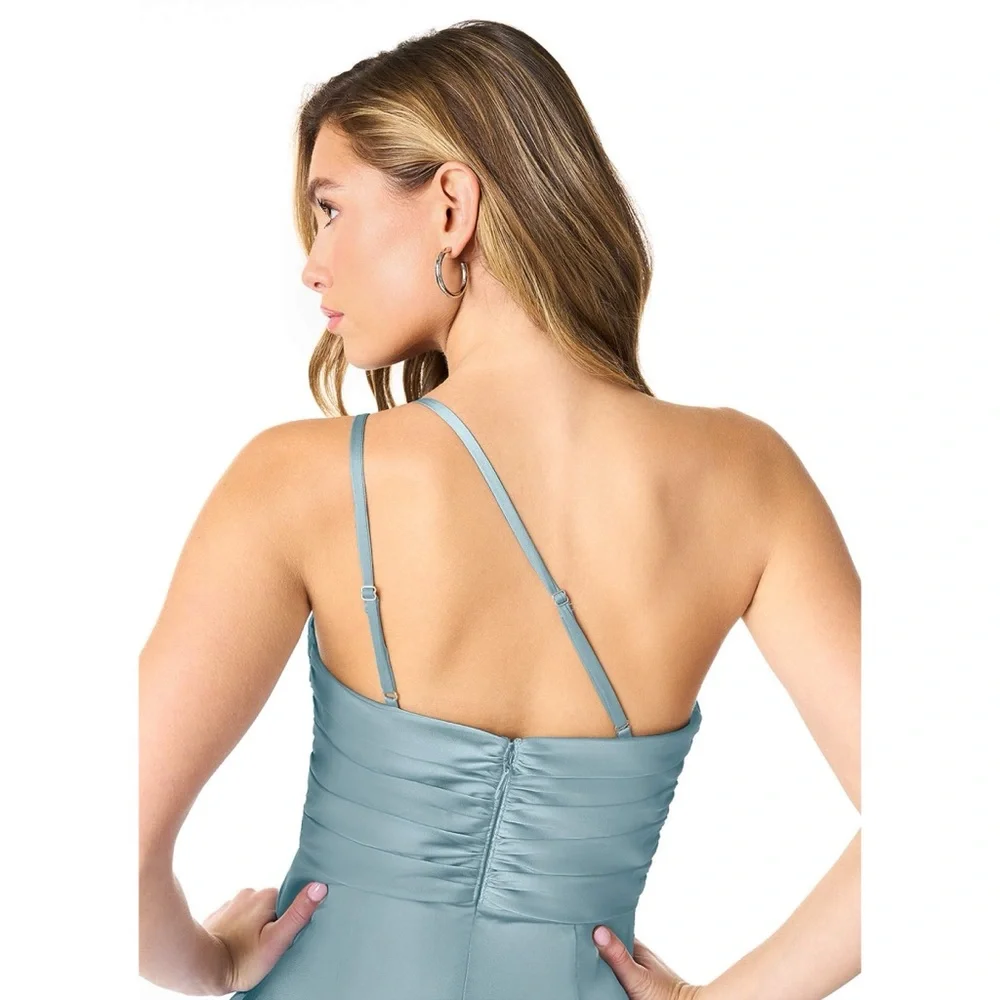 Azazie Eren Fitted One Shoulder Stretch Satin Bridesmaid Dress in Moody Blue NWT - Picture 2 of 15